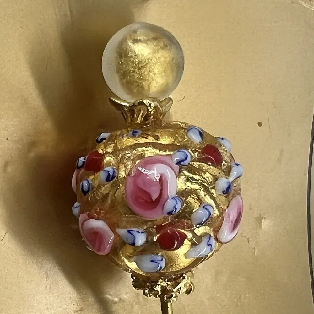 Handmade Murano Glass Hat Pin Gold Foil Floral Venetian Italy Art Glass Vintage